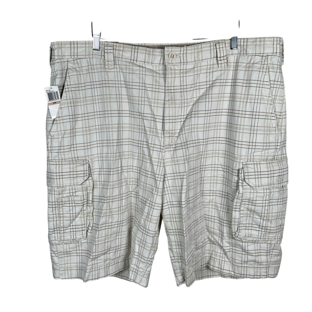 New Izod Antique Wash Utility Cargo Shorts Mens 42 Beige Plaid Cotton